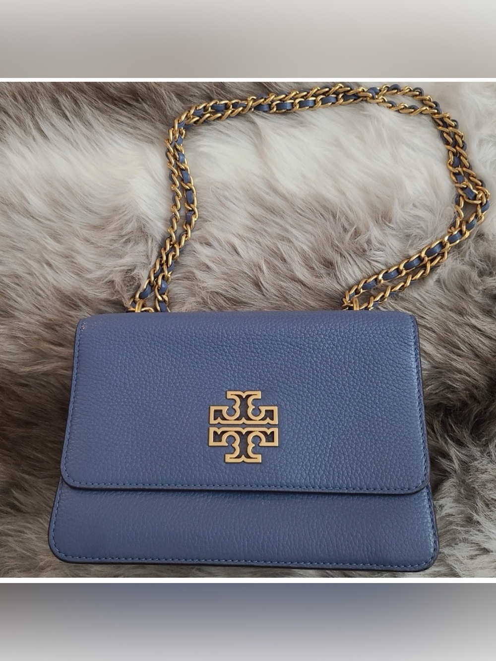 Tory Burch Navy Pebbled Leather Crossbody with Gold Logo Chain